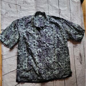 Batik World Blue Hawaiin Button Up Mens Shirt Size XXXL Wooden Buttons